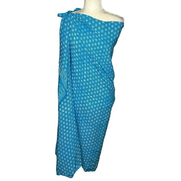 Aqua Blue & White Geometric Oversize Scarf Wrap Beach Cover Up OS - Picture 2 of 7